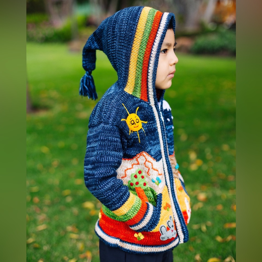 Baby Llama Peruvian Arpillera Hooded Cardigan W/Embroidered Colorful Appliqués☀️